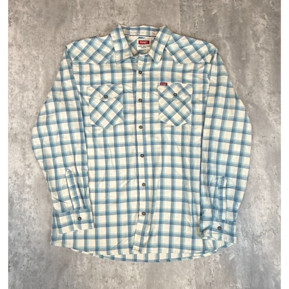 Wrangler Western Shirt Men's XL Blue White Plaid Flannel